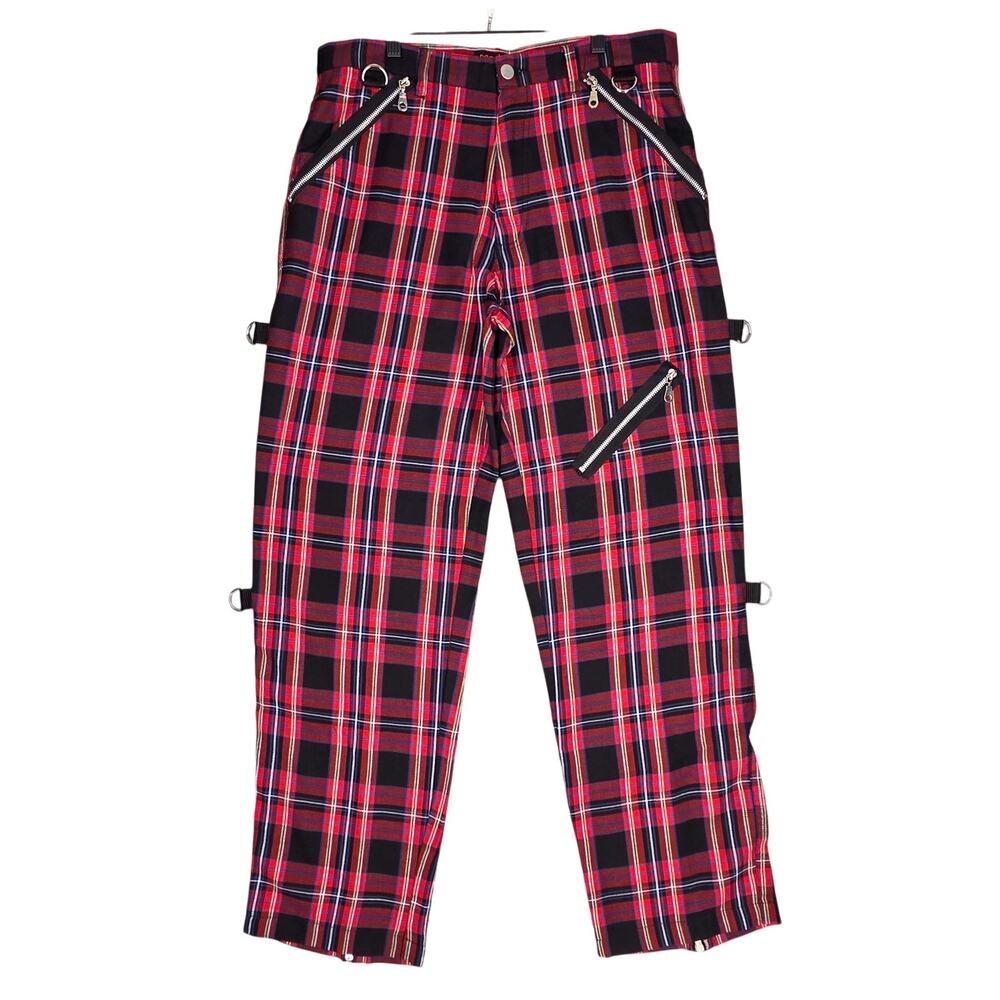 MORBID THREADS VINTAGE MEN'S RED/BLACK PLAID ZIPPER PANTS – SIZE 34 – PUNK STYLE